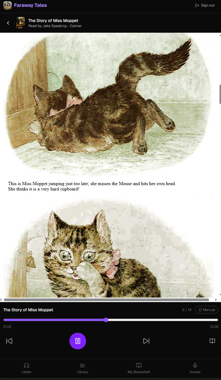 Faraway Tales app showing a children's book with audio player