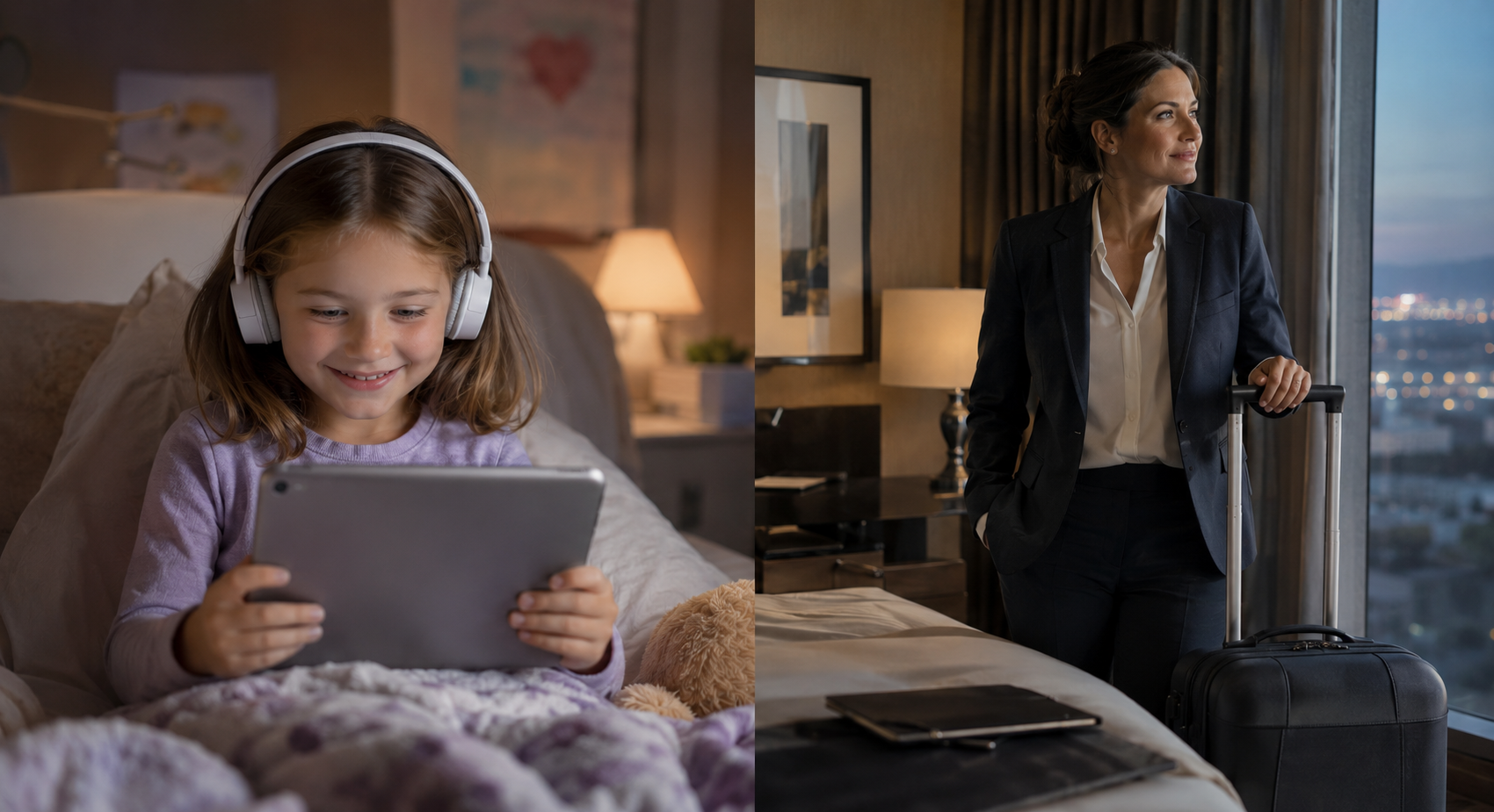 A child happily listening at home while a parent looks out a hotel window